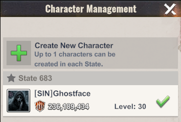 Character Management screen showing the Create New Character option on State 683