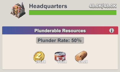 Scout report showing plunderable resources available on a farm account
