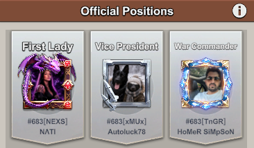 Official Positions screen showing state government roles such as First Lady, Vice President, and War Commander